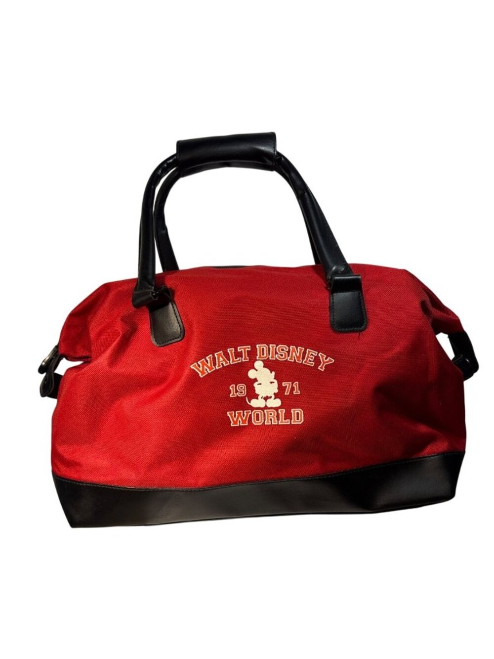 Walt Disney World Duffle Bag Mickey Mouse 1971 Red Black Leather Base Handles
